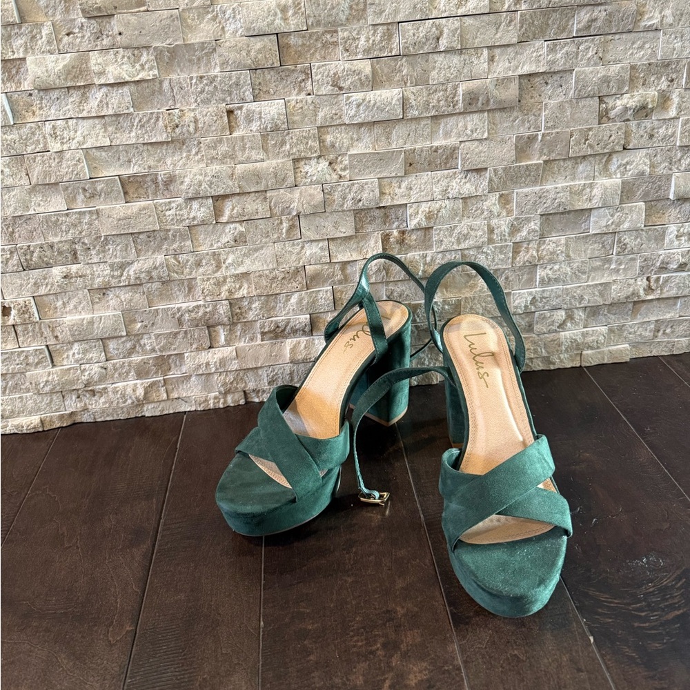 Lulu's Emerald Green Suede Platform Slingback Heels